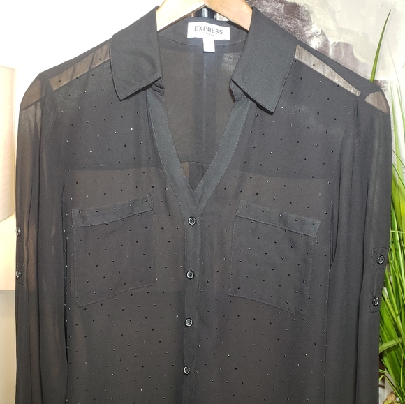 Express Portofino Women's Sheer Black Embellished Blouse - Picture 2 of 6
